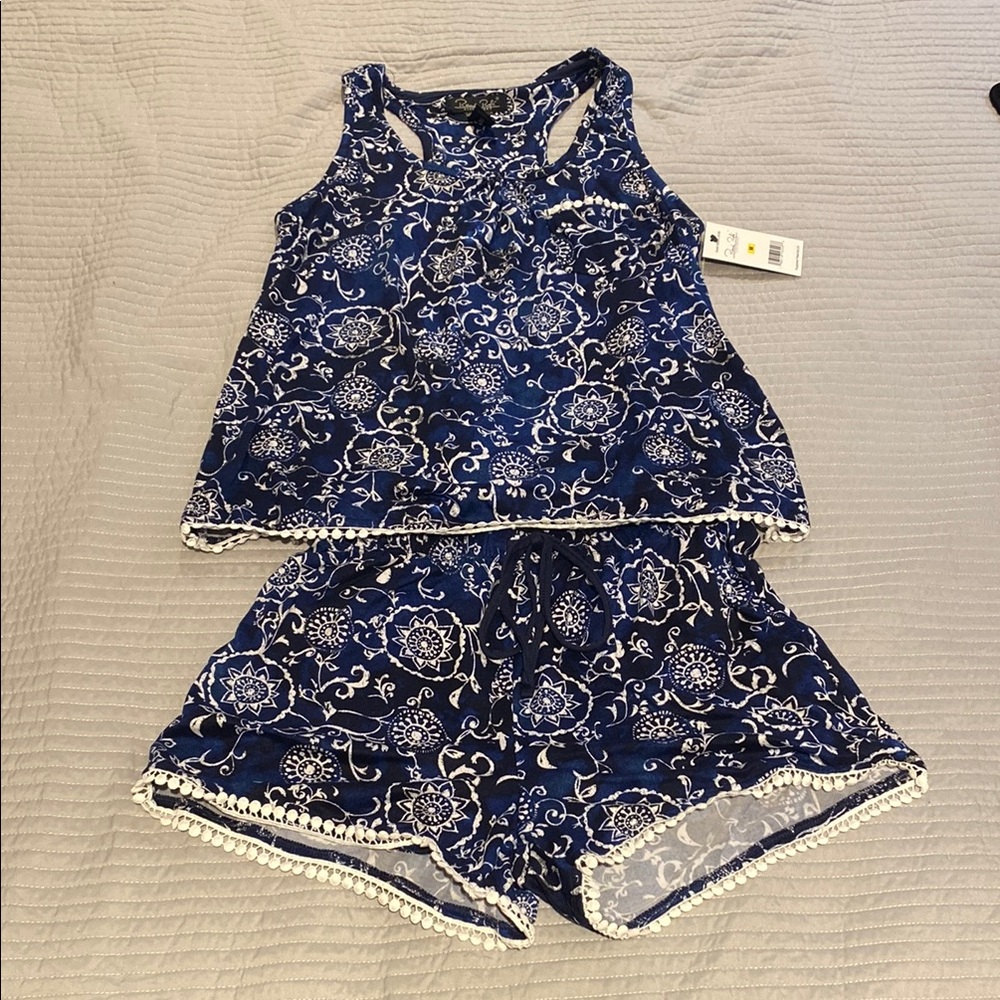 Blue and White Floral Pajama Tank Top and Shorts Set